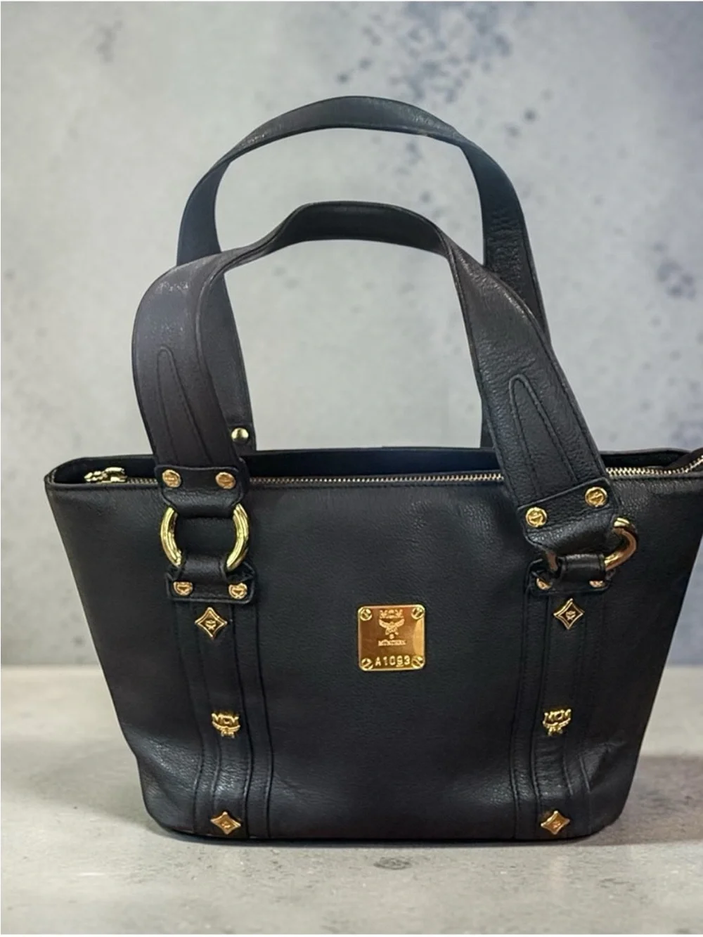 MCM Black Leather Tote with Gold Hardware